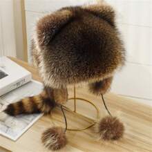 1pc Unisex Raccoon Earflap Hat, Faux Racoon Fur Trapper Hat, Winter Warm Hat - Brown - View 1