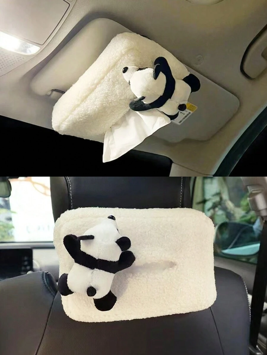 汽車用毛絨熊貓紙巾盒,可拆卸式汽車配件 - 白色 - 查看 1