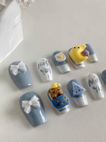 10 件手工方形假指甲,配有手繪白色法式指甲尖和睡前小熊和月亮裝飾。適合聚會、生日和日常穿著。改變生活,進入時尚世界()。 - 藍色 - 查看 2