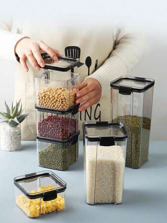 1pc Kitchen Fridge  Transparent Plastic Cereal Container, Airtight Canister Storage Box, Not Dishwasher Safe, Not Microwave Safe