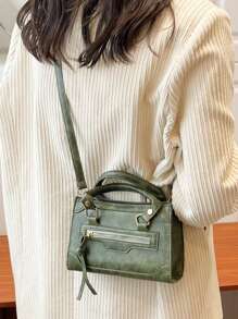 輕便商務休閒迷你前拉鍊方形包適合青少年女孩女大學生、菜鳥和白領非常適合辦公室、大學、工作、商務、通勤、戶外、旅行、郊遊 - 綠色 - 查看 2