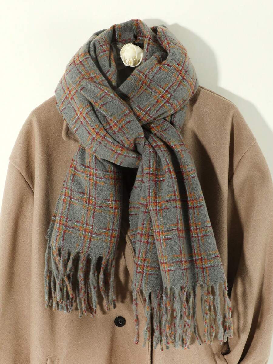 1pc Ladies' Fashionable Plaid Pattern & Multicolor Tassel Decor Warm Scarf For Autumn And Winter Outfits - Multicolor - View 1