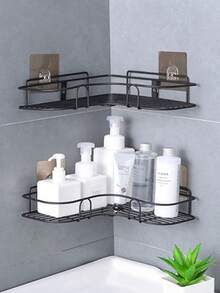 1入26x26cm金屬三角形空心角落架,可掛牆收納架,不需鑽孔,適用於浴室、廚房和衛生間 - 黑色 - 查看 10