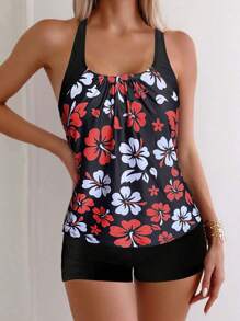 2pcs/Set Floral Print Cami Tankini Top And Boxer Briefs Tankini Sport Set Summer