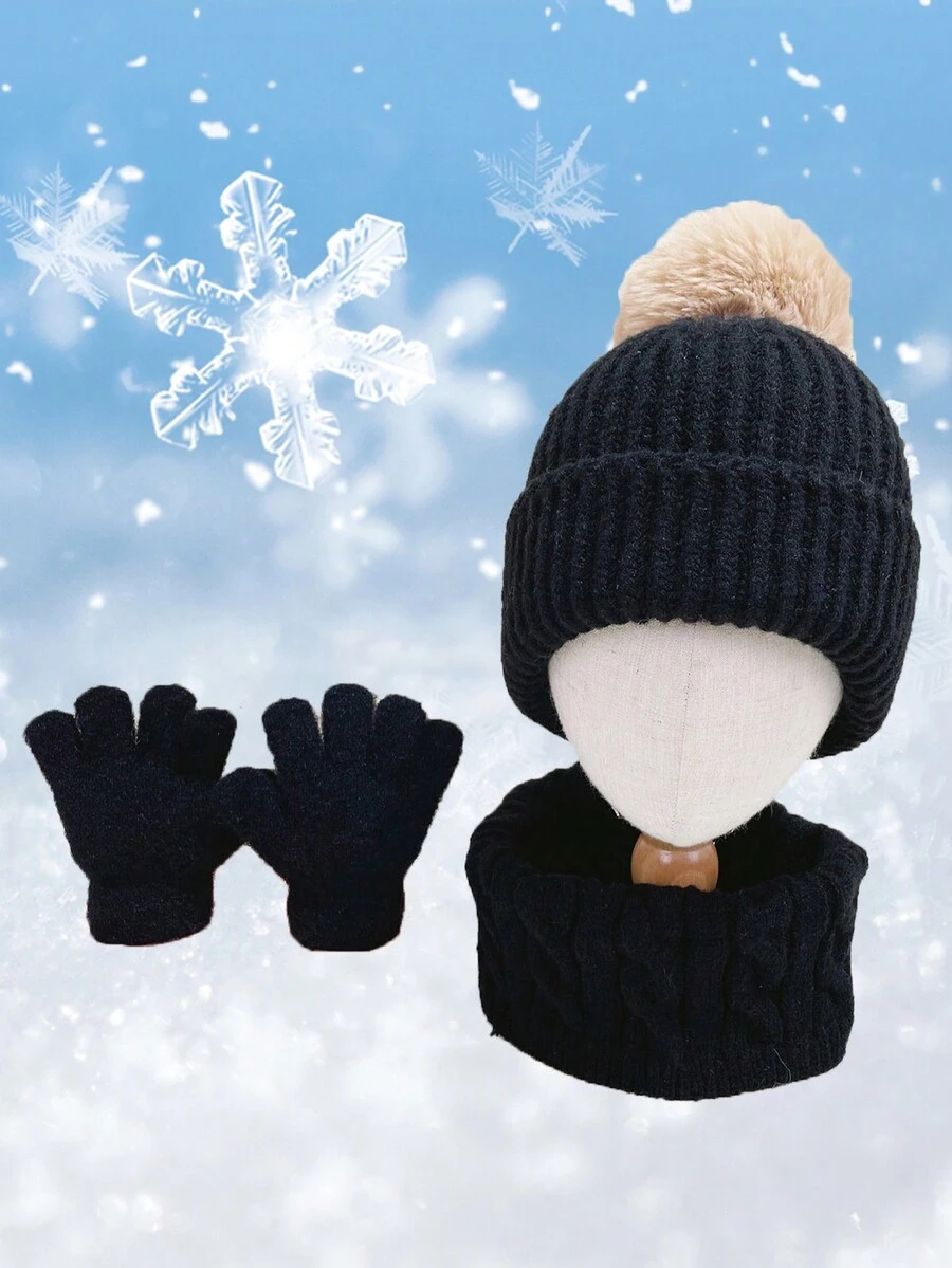1 套男童粗针织 3 件套帽子、围巾和手套套装 - 舒适、温暖、时尚、有型、舒适、柔软、独特、实用、值得送礼 - 冬季、针织、温暖
