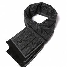 1條180*33cm超大尺寸溫暖圍巾,戶外經典方格圖案防風商務中性手帕毛絨加飾 - 黑色 - 查看 2