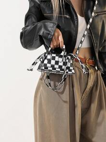 1入黑白方格紋pu智慧型手機殼,口紅收納袋配有長肩帶,適用於女性拍照外出購物,ins風格,女性小手提包 - 黑與白 - 查看 6