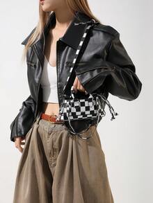 1入黑白方格紋pu智慧型手機殼,口紅收納袋配有長肩帶,適用於女性拍照外出購物,ins風格,女性小手提包 - 黑與白 - 查看 8