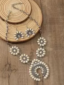 1 bộ Của phụ nữ Vintage Bohemian Móng ngựa Hình dạng Màu ngọc lam Dây chuyền & Hoa tai - Màu be - Xem 2