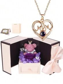 Women's Necklace Rose Gift Box Heart Pendant Necklace Jewelry, I Love You Necklace 100 Languages, Valentine's Day Gift For Her, Mother, Wife, Daughter, Sister, Grandmother And Girlfriend, Creative Gift For Valentine's Day, Mother's Day, Anniversary, Birthday - Small bear box purple - View 1