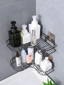 1入26x26cm金屬三角形空心角落架,可掛牆收納架,不需鑽孔,適用於浴室、廚房和衛生間 - 黑色 - 查看 11