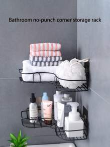 1入26x26cm金屬三角形空心角落架,可掛牆收納架,不需鑽孔,適用於浴室、廚房和衛生間 - 黑色 - 查看 1