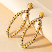 2pcs Yellow Turquoise Oval Shaped Vintage & Luxurious Pendant Earrings, Bohemian Beach Jewelry For Women - E23 - View 4