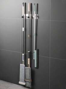 1pc Multifunctional Mop Holder With Adhesive Base, Suitable For Bathroom, Kitchen And Home Storage, Housekeeping Tool - Black - View 2