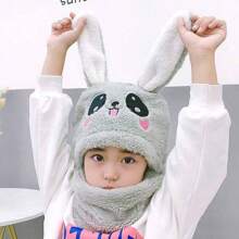 1pc Kids' Hat And Scarf Set With Earflaps And Bunny Ears Design For Autumn/winter - Grey - View 4