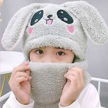 1pc Kids' Hat And Scarf Set With Earflaps And Bunny Ears Design For Autumn/winter - Grey - View 1