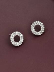 1pair Fashionable Elegant Geometric Round Rhinestone Stud Earrings For Ladies Girls Daily Casual Wear Birthday Gift - Silver - View 3