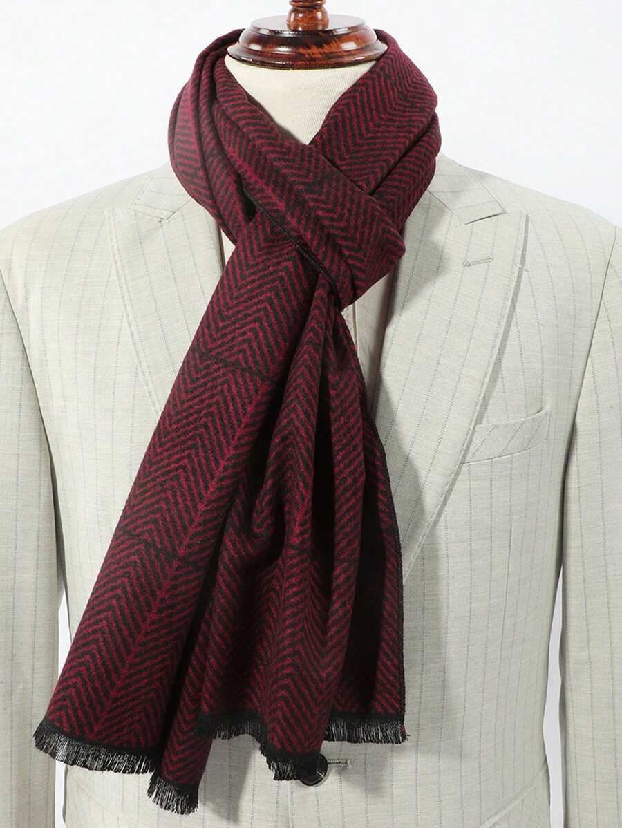1pc Men's Red Casual Ribbed Striped Short Scarf For Winter Daily Wear - Red - View 1