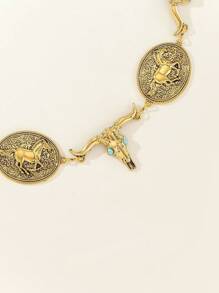 1pc Women's Alloy Bull Head & Turquoise Boho Adjustable Waist Belt, Decor Accessory For Dress, Casual Summer Wear, Suitable As Holiday Gift Summer, School Fall, Autumn, Halloween - Gold - View 3