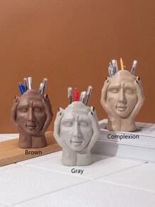 1 件裝 Diy 手握頭思考人物藝術面部雕塑筆筒娃娃總部裝飾雕像家居裝飾 - 棕色 - 查看 1