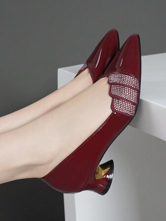 女士新款水钻高跟鞋、红蓝尖头浅口鞋