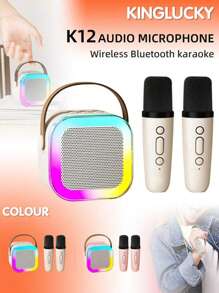 Wireless Portable Handheld Speaker With Led Light Atmosphere Effect, Support /tf Card/usb Playback. Comes With Two Wireless Microphones, Suitable For Home Party Karaoke. - Pink - View 4