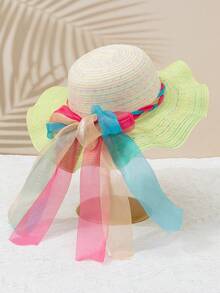 1頂彩色編織蝴蝶結飄帶裝飾男女童,甜美可愛綠色波浪草帽,適合戶外日常度假穿著