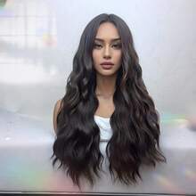 歐美女性長髮漸層棕色假髮,飽滿瀑布劉海,海水紋波浪捲,蓬鬆自然逼真假髮套裝 - 紫紅色 - 查看 4