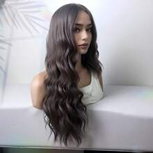 歐美女性長髮漸層棕色假髮,飽滿瀑布劉海,海水紋波浪捲,蓬鬆自然逼真假髮套裝 - 紫紅色 - 查看 1