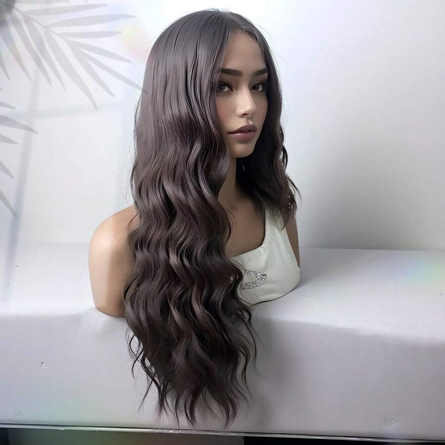 歐美女性長髮漸層棕色假髮,飽滿瀑布劉海,海水紋波浪捲,蓬鬆自然逼真假髮套裝 - 紫紅色 - 查看 1