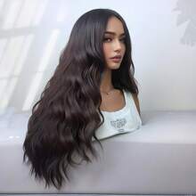 歐美女性長髮漸層棕色假髮,飽滿瀑布劉海,海水紋波浪捲,蓬鬆自然逼真假髮套裝 - 紫紅色 - 查看 3
