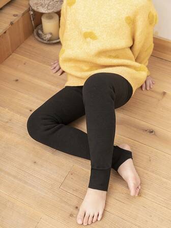 1pc Black Mink Thermal Lined Pants, Thickened Layered Stirrup Leggings For Kids