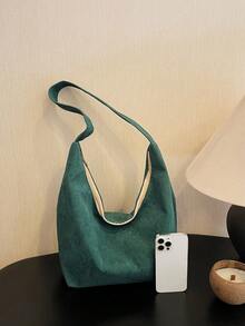 Bolsa De Hombro De Corduroy Casual Y Simple Con Diseño De Bloqueo De Colores Para Una Moda Con Estilo - Verde Oscuro - Ver 7