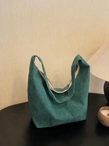 Bolsa De Hombro De Corduroy Casual Y Simple Con Diseño De Bloqueo De Colores Para Una Moda Con Estilo - Verde Oscuro - Ver 9