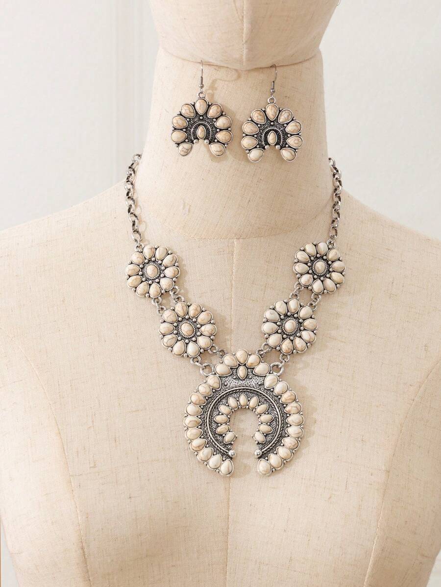 1 bộ Của phụ nữ Vintage Bohemian Móng ngựa Hình dạng Màu ngọc lam Dây chuyền & Hoa tai - Màu be - Xem 1