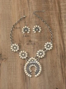 1 bộ Của phụ nữ Vintage Bohemian Móng ngựa Hình dạng Màu ngọc lam Dây chuyền & Hoa tai - Màu be - Xem 3