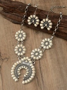 1 bộ Của phụ nữ Vintage Bohemian Móng ngựa Hình dạng Màu ngọc lam Dây chuyền & Hoa tai - Màu be - Xem 4