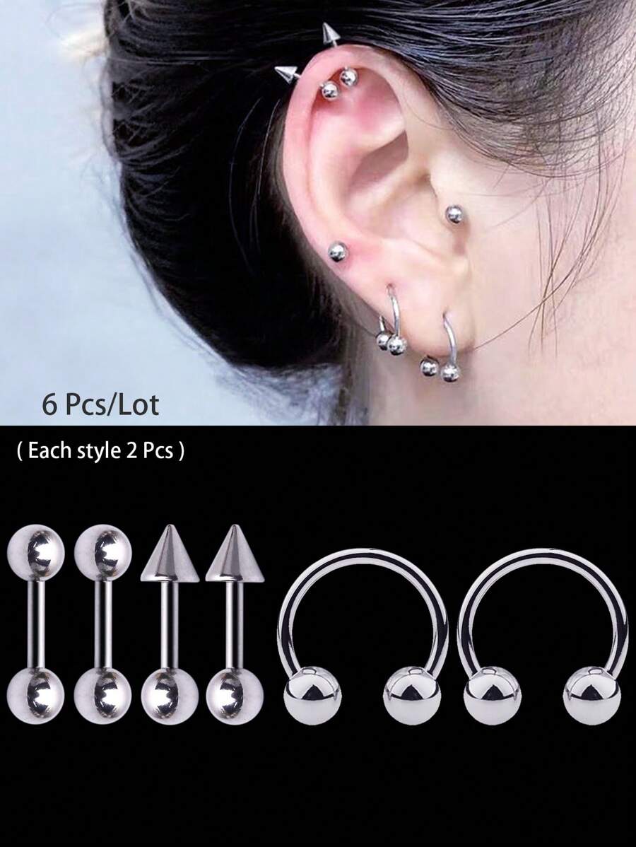 6 Pcs/Lot Stainless Steel Helix Piercing Earring Barbell Ear Piercing C Shape Ear Stack Flat Conch Body Jewelry - Silver - View 1