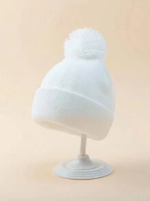 1頂白色毛線帽,帶毛絨球,適用於男女嬰兒,兒童,y2k極簡主義風格冬季針織帽,適用於戶外活動和日常通勤 - 白色 - 查看 3