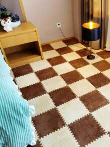 12pcs/6pcs Joinable Plush Floor Mats For Home, Anti-slip Square Foam Balcony Mat, Modern Fiber Floor Tile Puzzles Carpet For Bedroom Beside - Camel - View 1