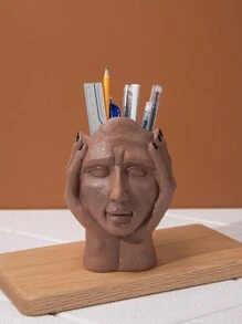 1 件裝 Diy 手握頭思考人物藝術面部雕塑筆筒娃娃總部裝飾雕像家居裝飾 - 棕色 - 查看 4