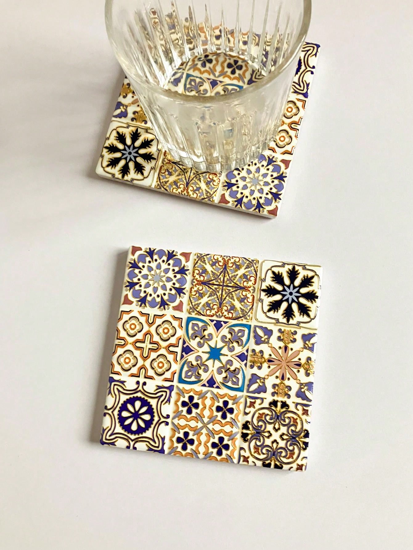 1pc Colorful Bohemian Style Relief & Golden Craft Ceramic Coaster And