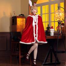 1pc Hooded Cloak With Fur Ball & Ribbon For Christmas Costume Play, Long/medium Length, Red - Red and White - View 3