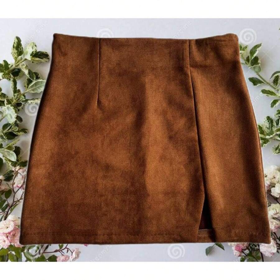 Falda Corta de Talle Alto con Abertura en la Pierna de Moda para Mujer Dama Sexy. Mini Falda Suave de Moda para Mujer Dama Sexy. MInifalda. - Camel - Ver 1