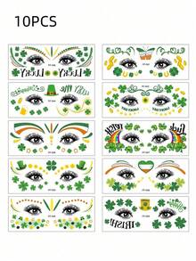 10pcs St. Patrick's Day Clover & Face Pattern Temporary Tattoo, Waterproof - Green - View 3