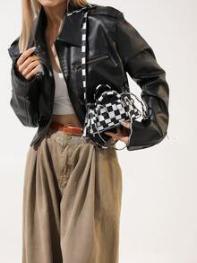 1入黑白方格紋pu智慧型手機殼,口紅收納袋配有長肩帶,適用於女性拍照外出購物,ins風格,女性小手提包 - 黑與白 - 查看 9