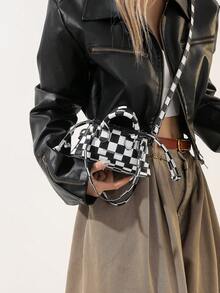 1入黑白方格紋pu智慧型手機殼,口紅收納袋配有長肩帶,適用於女性拍照外出購物,ins風格,女性小手提包 - 黑與白 - 查看 7