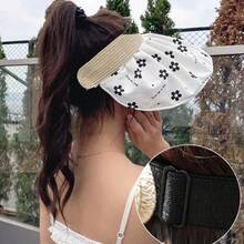 女士花卉貝殼空心大邊沿遮陽帽,可摺疊草帽,適用於夏季、海灘、旅行 - 藍色 - 查看 5