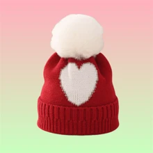 1pc Kid's Beanie Hat With Gold Threaded Heart Design And Single Pom Pom For Warmth And Festive Cheer - Red - View 1