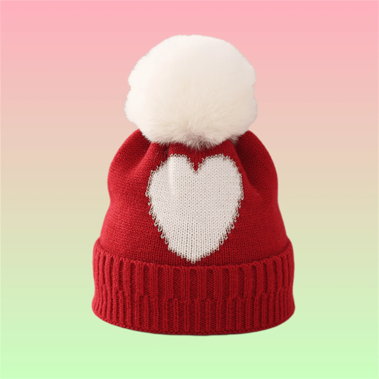 1pc Kid's Beanie Hat With Gold Threaded Heart Design And Single Pom Pom For Warmth And Festive Cheer - Red - View 1
